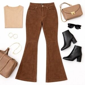 4You Brown Suede Leather Flare Pants Women's NWOT 100% Pig Leather